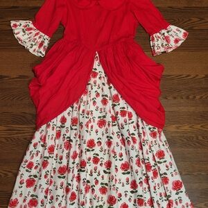 Vintage DRAMATIC Victorian Rococo Ball Gown Dress Side bustles Red Roses Sz L